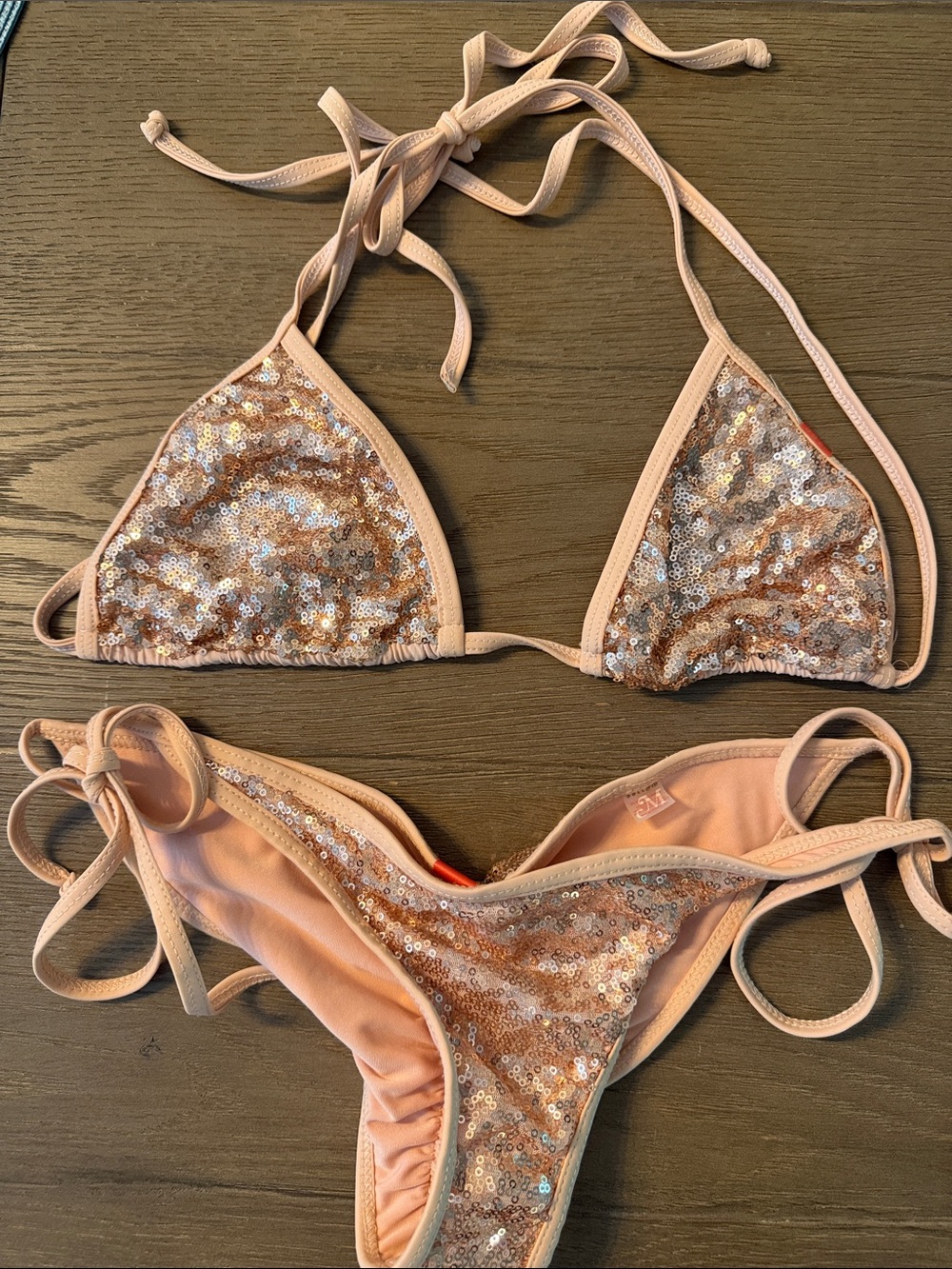 Sequin Triangle Bikini Set in Blush Pink